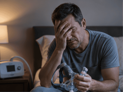 Man holding CPAP mask, looking frustrated