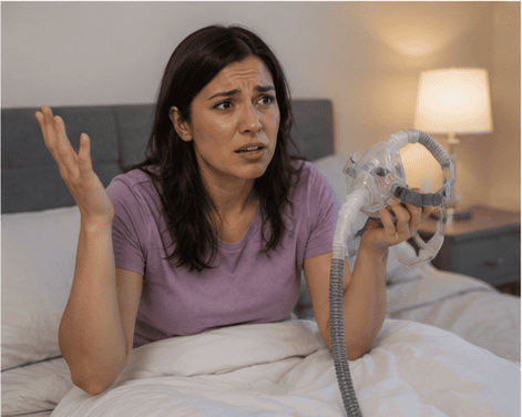 Frustrated woman holding a CPAP mask
